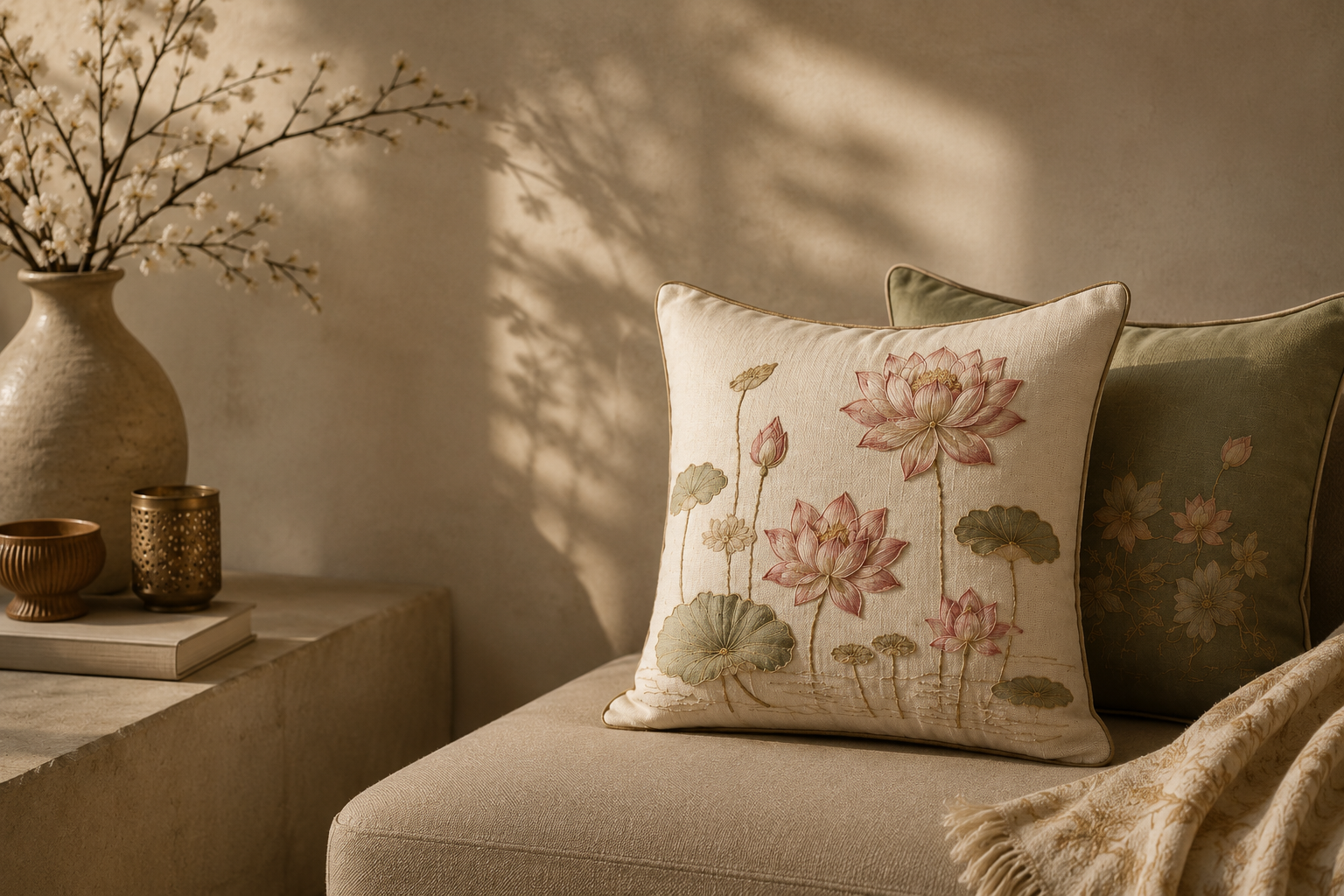 Luxury embroidered lotus cushion cover styled in a warm contemporary living room by Revalis Home Decor