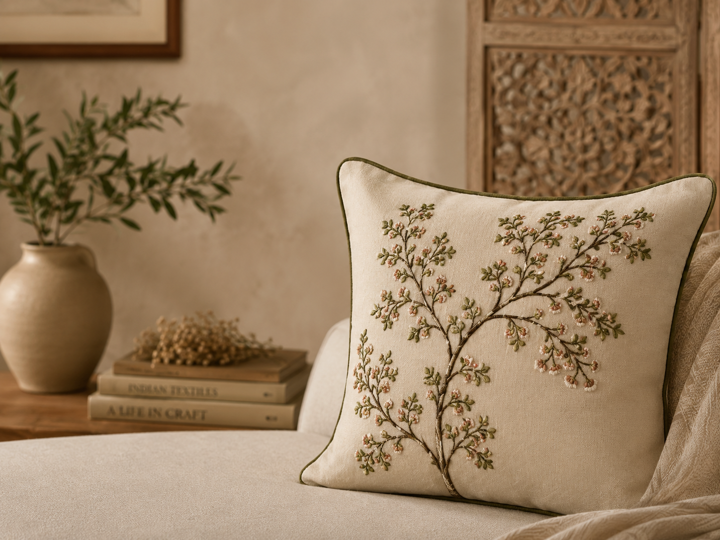 Luxury Tree of Life embroidered cushion cover styled on a neutral sofa in a warm contemporary living room by Revalis.